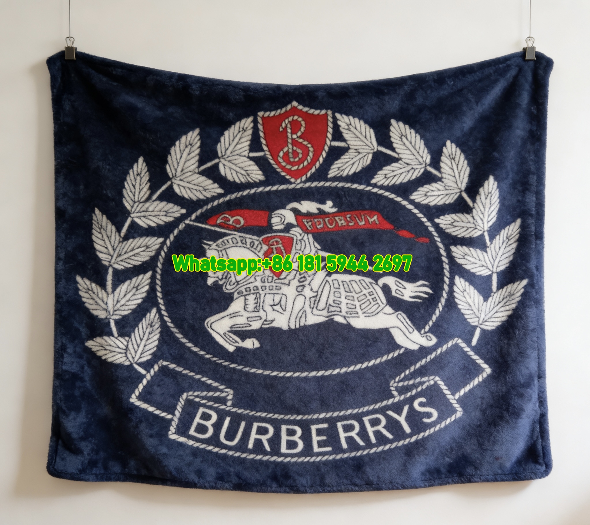 Burberrys Vintage Equestrian Knight Crest Flannel Throw Blanket B117